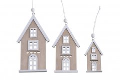 Vánoční dekorace 3 velikosti dřevěných domků  4,5-8cmL x 0,6cmW x 8-14,5cmH -3ks