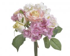 Umělá květina kytice 3 růže, 2 poupata růží a 2 hortenzie s listy dl. 25cm