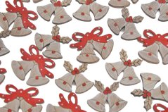 Dekorace dřevěné zvonečky s přílepkou 2 druhy - výsek 2,8-3,3cmLx0,2cmWx2,5cmH - 24ks