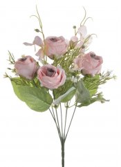 Kytice umělých růžiček s listy a doplňky, květ Ø 4,5xm/celkem dl. 30cm