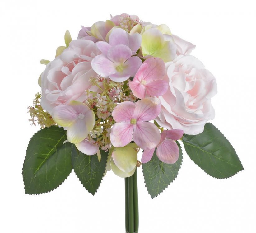 Kytice umělých hortenzií a růží s doplňky a listy dl. 30cm