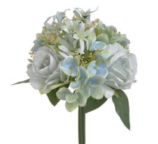 Svazek umělých růží a hortenzií s doplňky a listy, růže Ø 7cm, dl. 31cm