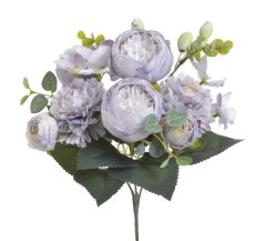 Umělá kytice míchaná z 3 růží, 2 chryzantém s doplňky a listy dl.31cm