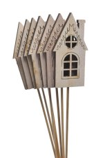 Dekorace dřevěný domek 4,5cmL x 0,7cmW x 9cmH zápich 34,5cm -  6ks